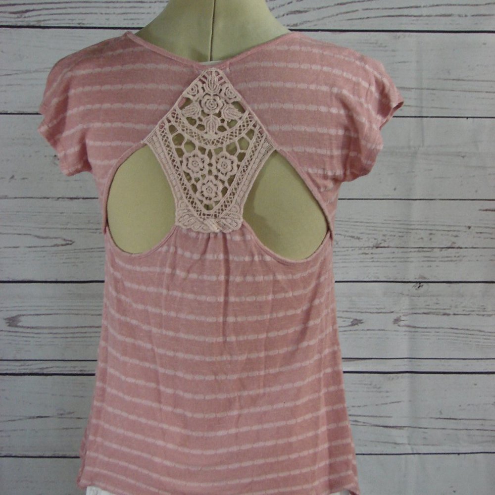 Dusty Rose Mauve Knit Crochet Back Top Tee MED